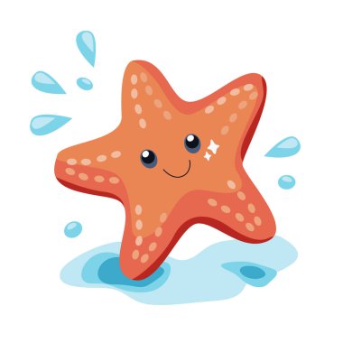 Su damlalarıyla gülümseyen sevimli deniz yıldızları. Çocuk tasarımları, plaj temaları, yaz grafikleri, okyanus eğitimi materyalleri, çocuk odası dekorasyonu için vektör illüstrasyonu