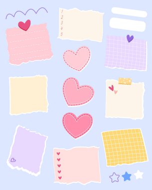 Sevimli notlar ve kağıt kalpler bir görselleştirme tahtası olarak düzenlenmiş, kızlar için planlayıcı unsurlar. Okul için vektör illüstrasyonu, yapışkan notlar ve yaratıcı planlar. Sevgililer Günü teması.