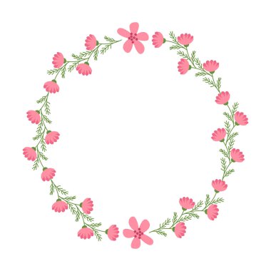 Zarif çiçekli çelenk çizimi. Bahar çiçekleri ve yaprakları davetiyeler, tebrik kartları ve Paskalya tasarımları için kompozisyon.