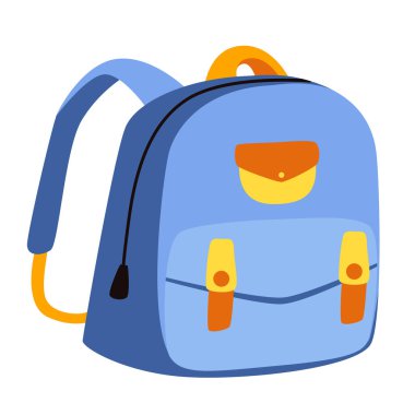 Sarı-turuncu cepli ve fermuarlı mavi sırt çantası. Ders kitapları ve defterler için okul çantası. Eğitim, seyahat ve öğrenme süreci için vektör illüstrasyonu