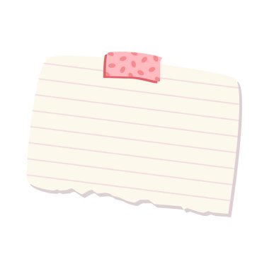 Dekoratif kurdeleli boş kağıt. Dizüstü bilgisayardan yırtılmış sayfa. İletiler, hatırlatıcılar, planlayıcılar ve kişisel günlükler için vektör illüstrasyonu.