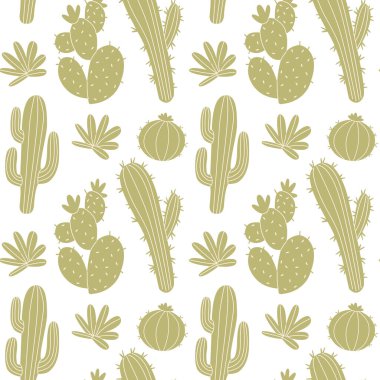 Seamless pattern with cactus, desert plants in soft green tones.