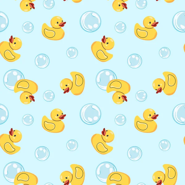 Sarı plastik ördek ve sabun köpükleriyle kusursuz desen. Çocuk oyuncağı, banyo tasarımı vektörü, havlu, şampuan, çocuk odası dekoru.