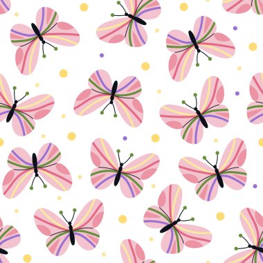 Kelebekli yay kusursuz desen. Kanatları desenli pembe kelebek. Yaz renkli arkaplan