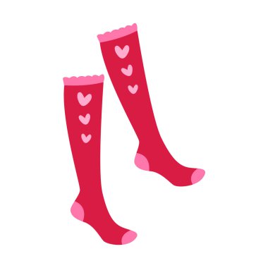 Kırmızı diz boyu çoraplar ve pembe kalpler. Örgü kadın bacak aksesuarları. Sevgililer Günü tasarımı için vektör çizimi. Romantik kıyafetler, kışlık yün ayakkabılar..