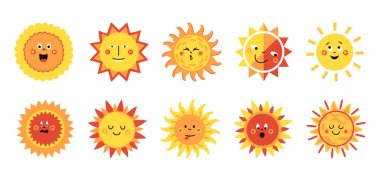 Farklı geometrik şekillere ve sıcak sarı turuncu kırmızı renklerde duygulara sahip sevimli güneş karakterleri. Vektör illüstrasyonu beyaz arkaplanda izole edildi