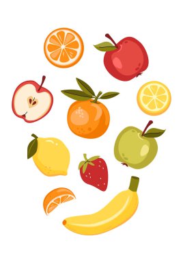 Sulu meyve ve çilek seti. Elmalı, limonlu, muzlu, çilekli, portakallı. Sağlıklı yiyeceklerle dolu bir poster.