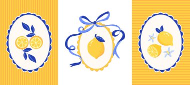 Limon dilimleri, kurdele yayı, çizgili sarı arka planlı narenciye kartı. Süslü oval çerçeve. Yaz tasarımı, restoran menüsü için vektör illüstrasyonları.