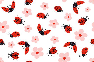 Uğur böceği ve pembe çiçeklerle kusursuz desen. Sevimli kırmızı böcekler ve çiçekler. Bahar yüzeyi arkaplanı