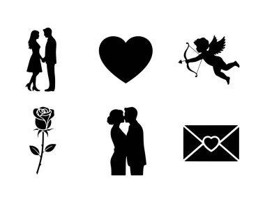 Romantik Aşk Siluetleri (124; Sevgililer Günü Çifti, Kalp, Aşk Tanrısı, Gül ve Aşk Mektubu Simgeleri)
