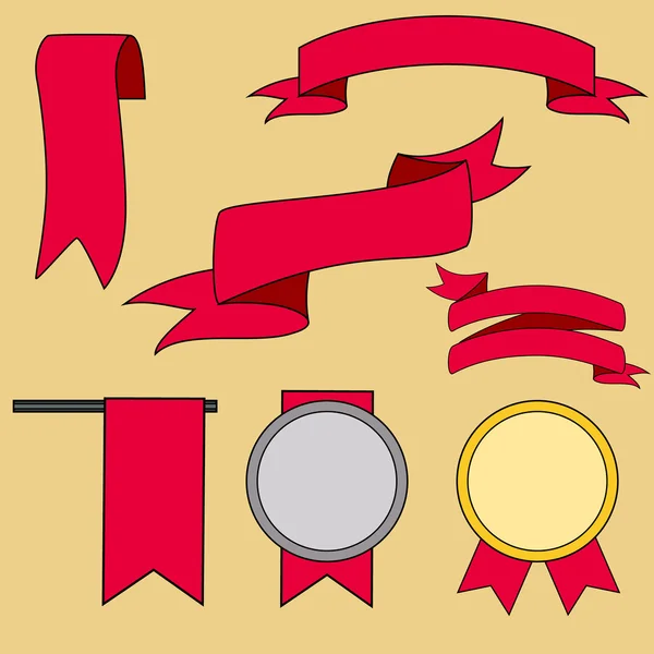 Große rote Bänder gesetzt, isoliert auf beigem Hintergrund, Vektorillustration — Stockvektor
