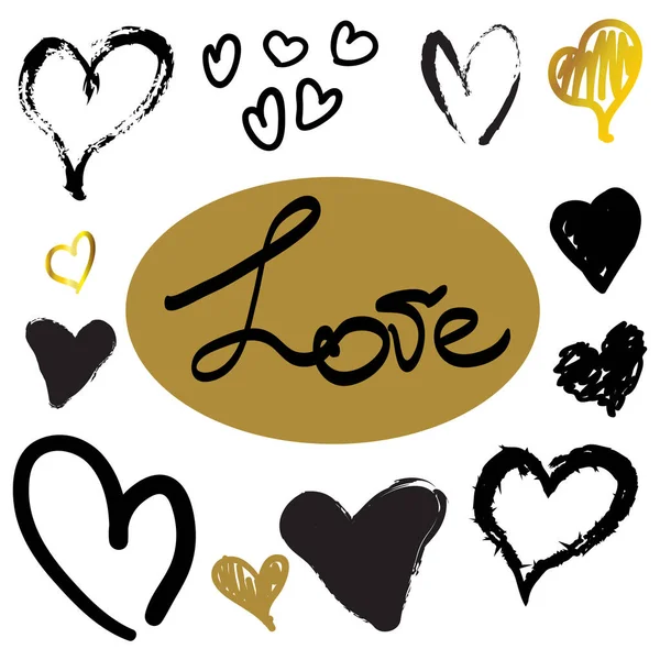 Hand Drawn Hearts Black Gold Lettering Love — Stock Vector