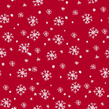 Basit geometrik tekrarlama deseni ve kırmızı el çizimi kar taneleri. Şekillerle kusursuz desen. Vektör illüstrasyonu