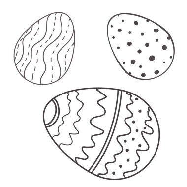 Süslü mutlu Paskalya yumurtaları. Siyah ve beyaz Mutlu Paskalya vektör çizimleri. Boho Paskalya konsept tasarımı siyah beyaz, düz vektör çizimleri