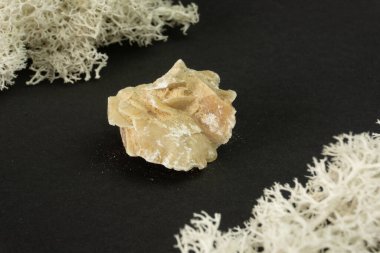 Tunus 'tan çöl gülü kristali. Siyah arka planda doğal mineral taşı. Mineraloji, jeoloji, taşların büyüsü, yarı değerli taşlar ve mineral örnekleri. Yakın çekim makro fotoğraf