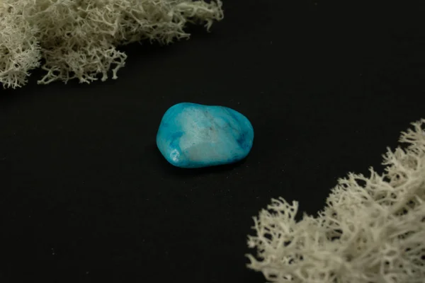 Howlite or turquoise imitation from Republic of South Africa RSA. Natural mineral stone on a black background surrounded by moss. Mineralogy, geology, magic, semi-precious stones and samples of minerals