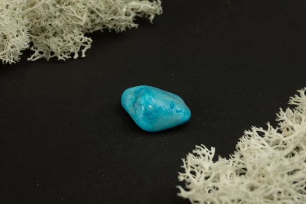 Howlite or turquoise imitation from Republic of South Africa RSA. Natural mineral stone on a black background surrounded by moss. Mineralogy, geology, magic, semi-precious stones samples of minerals.