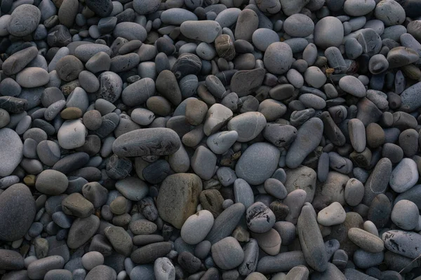 Fundo de pedras marinhas com pequenos seixos ou pedra no jardim ou à beira-mar ou em uma praia. Uma vista de perto de pedras de seixos polidas lisas arredondadas — Fotografia de Stock