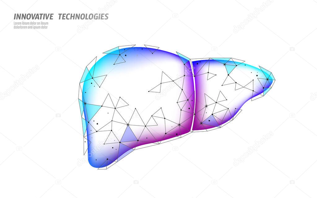3D medicine liver medical treatment. Hepatitis warning medical therapy digestive protect drug concept. Low poly vector illustration.