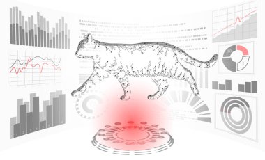 Kedi silueti veteriner kliniği afiş şablonu. Stetoskop virüs enfeksiyonunu analiz et. Veteriner bakımı tıbbi yardım. Veteriner hastane doktoru çevrimiçi logo vektör çizimi