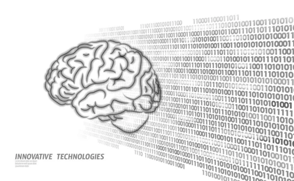 Forma digitale 3D del cervello umano. Rendering geometrico della linea del punto di particella poligonale a basso poli. Educazione mentale idea creativa futuro mente tecnologia concetto blu codice binario vettore illustrazione — Vettoriale Stock