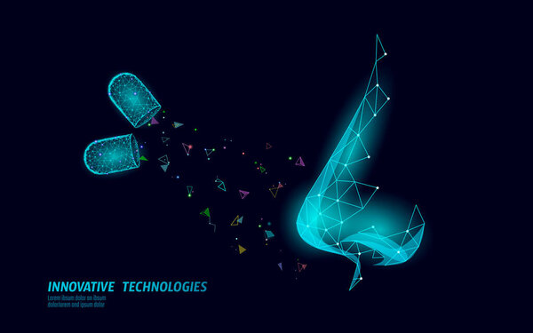 Нос ринита низкий поли. Лечение медицина Coryza. Аптечный спрей для носа. Иллюстрация векторного шаблона многоугольного дизайна