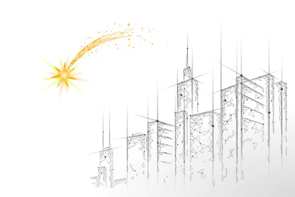 Estrella fugaz bajo espacio poli. El símbolo de Navidad de la noche pide un deseo. Astronomía brillante cometa magia cayendo meteorito vector ilustración — Archivo Imágenes Vectoriales