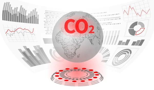 Contaminación atmosférica del CO2 planeta Tierra. Gráfico de daño creciente problema climático. Ecología medio ambiente peligro dióxido de carbono. Calentamiento global equilibrio invernadero vector ilustración — Vector de stock