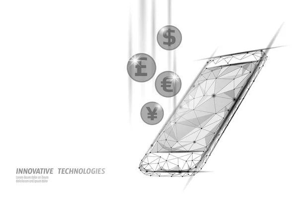 3D-Smartphone-Online-Finanzierungsgeschäft. Internethandel im elektronischen Handel. Erfolg Web-Netzwerk Low-Poly-Banner. Polygonale internationale Internetverbindung Vektor Illustration — Stockvektor