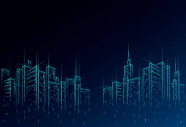 Düşük çoklu akıllı şehir 3D tel örgüsü. Akıllı otomasyon sistemi iş konsepti. Web çevrimiçi bilgisayar ağı. Mimari şehir manzarası teknolojisi. Sancak vektör illüstrasyonunu çiz.