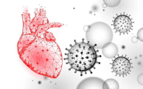 Enfermedad cardíaca asociada con las estadísticas del coronavirus. Infección neumonía brote de peligro. Punto 3D poli bajo. El corazón rompe el sistema sanguíneo vascular. Contra la epidemia de virus vector ilustración — Vector de stock