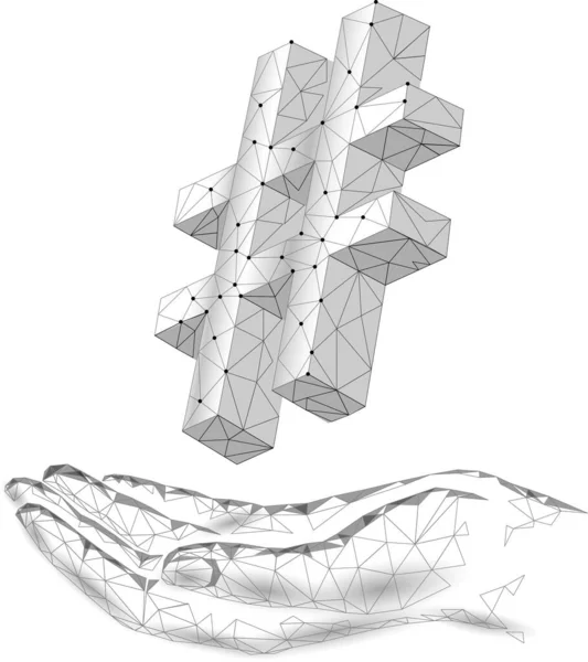 3D символ хештегу білий нейтральний низький полі. Спілкування в соціальних мережах поширює пошукові пости. Інформаційні інновації веб-технології на руці Векторні ілюстрації — стоковий вектор