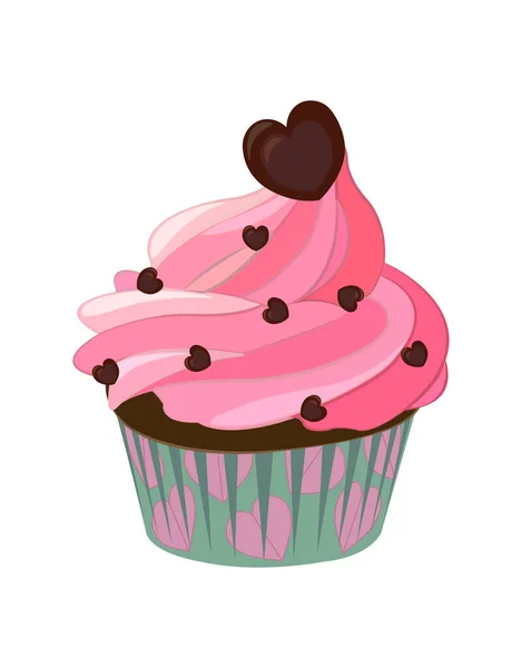 Cupcake ροζ γαρνιτούρα με σοκολατένια καρδιά σε τυρκουάζ χάρτινη θήκη — Φωτογραφία Αρχείου
