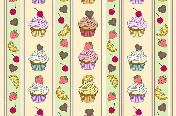 Cartoon assorted cupcakes pattern. Strawberry, chocolate lemon mint taste with frosting. Yellow turquoise pink brown pastel color. Cafe sweet dessert kitchen textile decoration — Stock Photo, Image
