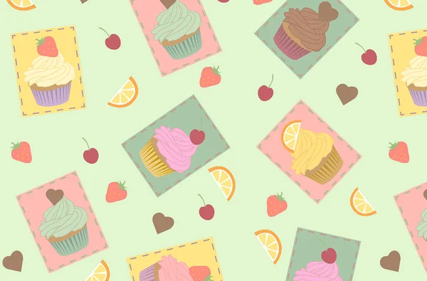 Platt diverse muffins mönster. Jordgubbe, chokladcitronmyntsmak med glasyr. Gul turkos rosa brun pastell färg. Café söt dessert kök textil dekoration — Stockfoto