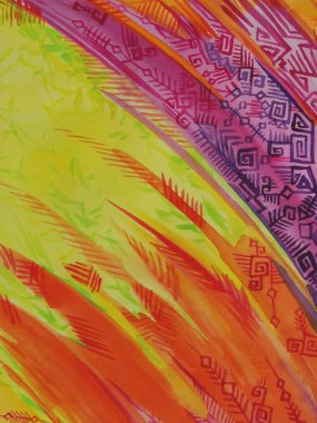 Suluboya kabile boho tarzı arka plan. Doku fırçası boya çizimi. Sanatsal klasik Afrika kumaşı tasarımı geleneksel parlak renk illüstrasyonları