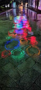 Gece yağmuru neon ışıkları yansımaları. Şehir manzarası gece hayatı parlak ışıklar. Renkli, yağmurlu, karanlık yol. Modern şehir merkezi dikey hiç kimse fotoğrafı