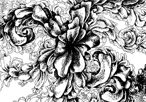 Schwarzer Tuschblütenschmuck. Blühen verzierte Mode Hintergrunddruck. Abstrakte blühende botanische Grafik. Florales Element monochrome Vektorillustration — Stockvektor