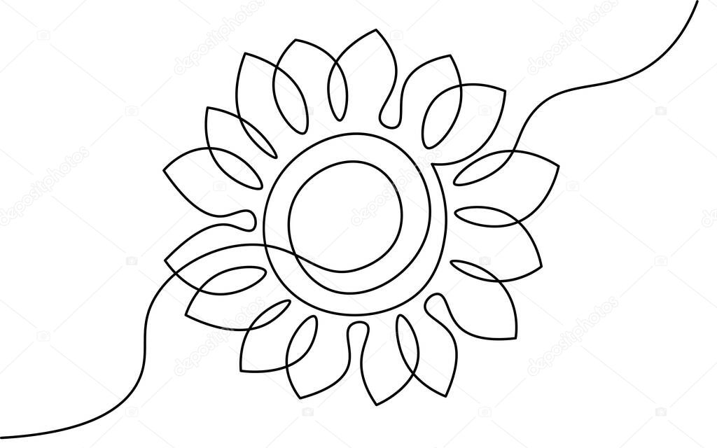 One line sunflower element. Black and white monochrome continuous single line art. Floral nature Woman day gift romantic date illustration sketch outline drawing.