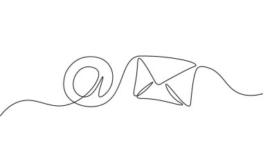 Bir satır kağıt zarf. Siyah ve beyaz tek renkli, kesintisiz tek çizgi sanatı. E- posta iletisi postası, resim taslağı çizimi gönder