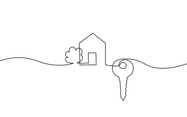 Egy soros ház ajtajának kulcsa. Épület negyed lakópark. Kézzel rajzolt vázlat folyamatos vonal. Eladó saját családi ügyfél élet üzleti koncepció vektor illusztráció — Stock Vector