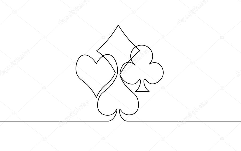 Single continuous line art card suit symbols. Online casino poker game concept silhouette design. One sketch outline drawing vector illustration