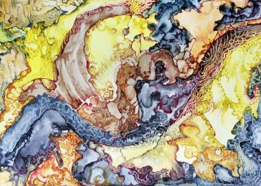 Suluboya mücevher dokusu. Altın gibi ıslak, renkli bir arka plan. Mürekkep sıvısı arka plan şablonu boyuyorum. Soyut mermer taş kesimi desen çizimi