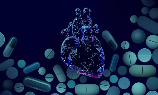 Medicina 3D tratamiento de medicina del corazón. Diagnóstico de la salud humana sistema vascular de órganos píldora vitaminas. Cardiología protección del corazón concepto. Ilustración de vector poli bajo — Vector de stock