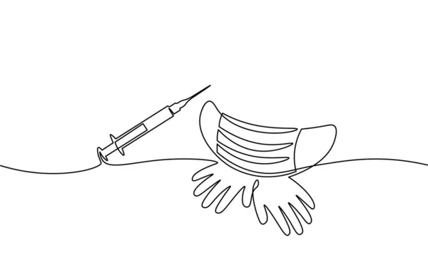 Jeringa de vacunas un concepto de arte de una sola línea. Dibujo dibujado a mano seguro del coronavirus COVID pandémico. Inyección epidemia neumonía alergia blanco monocromo vector ilustración — Archivo Imágenes Vectoriales