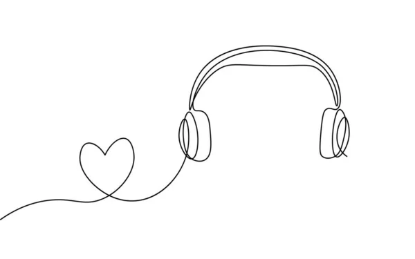 Única linha contínua biblioteca de música de arte como. Aprender a ouvir aplicativos mestre fones de ouvido se formar online. Desenho de um traço de curso esboço desenho vetor ilustração arte — Vetor de Stock