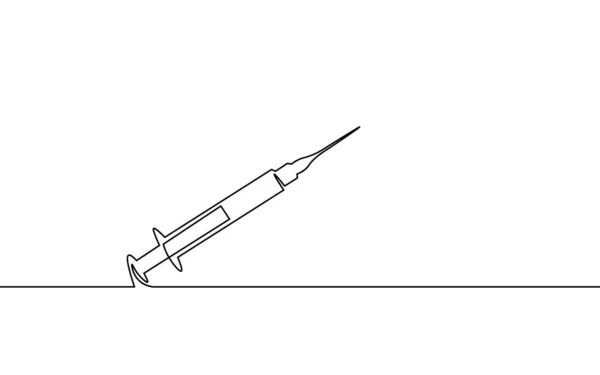 Vaccinspruta en enda linje konst koncept. Pandemisk COVID coronavirus säker handritad skiss. Injektionsepidemi pneumoni allergi vit monokrom vektor illustration — Stock vektor