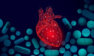 Üç boyutlu kalp ilacı tedavisi. İnsan sağlığı teşhisi vasküler organ sistemi hapları vitaminleri. Kardiyoloji kalp koruma konsepti. Düşük poli vektör çizimi