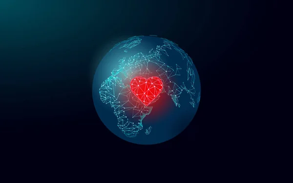 Szeretem a Föld vörös szívét. 3D poligonális globális ökológia megoldja a problémát. Környezet természet biztonság Boldog Föld napot plakát. Nemzetközi projektvektor-illusztráció — Stock Vector