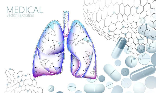 3D menselijk longen medicijn behandeling concept. Ademhalingsvirusinfectie kan gevaar opheffen. Pil capsule geneesmiddeltherapie tuberculose ziekenhuis poster template vector illustratie — Stockvector